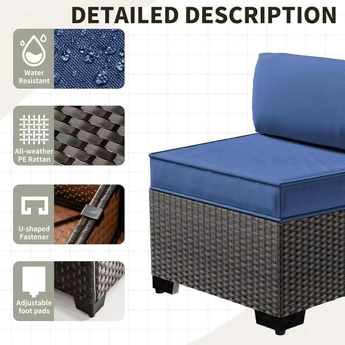 Gotland 6 Pieces Patio Furniture Set with 1 Coffee Table, 5 Seater Rattan Outdoor Sectional with Wide Armrests 29.5'' High Backrest Thick Waterproof Cushions, Conversation Sets for Deck Garden Navy