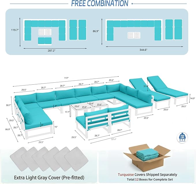 NICESOUL Oversized Modern Aluminum Outdoor Patio Furniture Set with Chaise, 29" Wide Deep Seating, Fade Resistant Sectional Sofa, 500lbs Heavy Duty Comfortable Poolside Conversation Set, Turquoise
