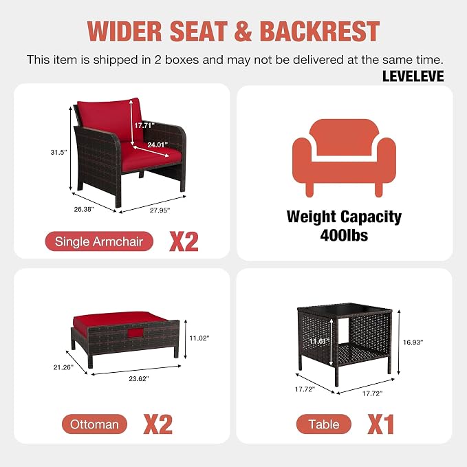 LEVELEVE Patio Conversation Set 5 Piece, Balcony Furniture Outdoor PE Rattan Wicker Lounge Chairs with Soft Cushions, 2 Ottomans & Glass Table for Porch Lawn, Brown (Wine Red Cushions