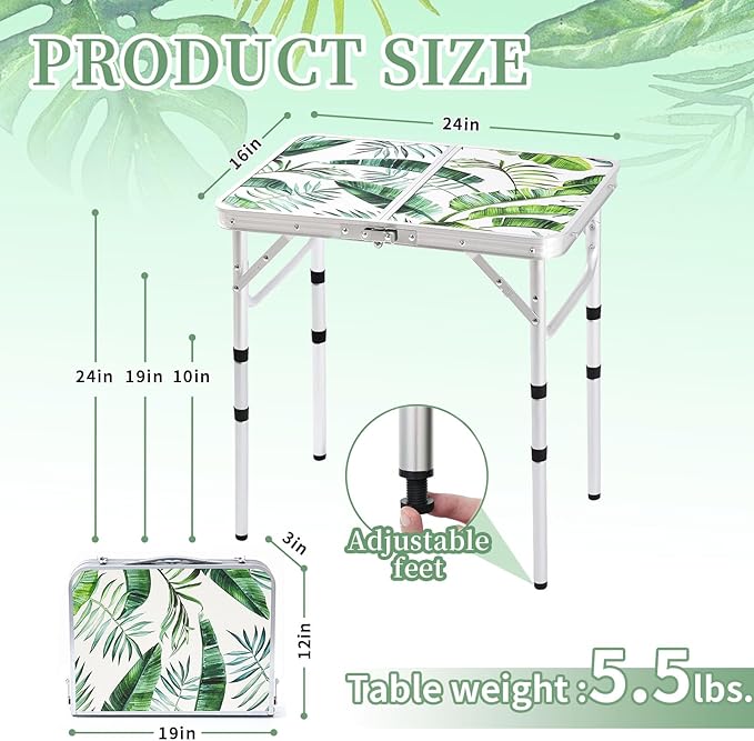 Folding Camping Table 2ft Portable Picnic Table Adjustable Height Small Card Table Aluminum Foldable Lightweight with Carry Handle for Outdoor Indoor Hiking Camp BBQ Beach (Monstera Palm Leaves)
