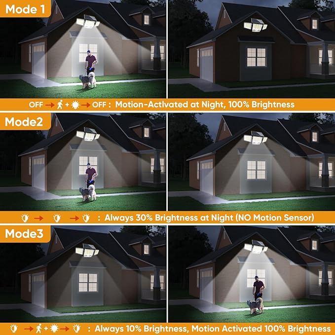 MDCMDCM Solar Motion Sensor Outdoor Lights Waterproof - 3000LM 3 Modes Security Lights Outdoor 270° Illumination IP65 LED Solar Flood Wall Light for Garden Yard Patio Pathway (with Stakes, 1)