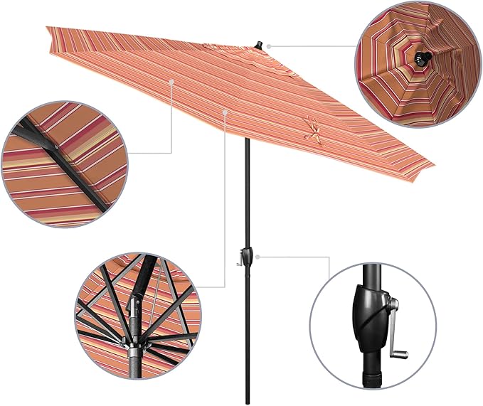 California Umbrella 12-Year Protection 9' Rd Aluminum Patio Umbrella, Crank Lift, Auto Tilt, Black Finish, Sunbrella Dolce Mango
