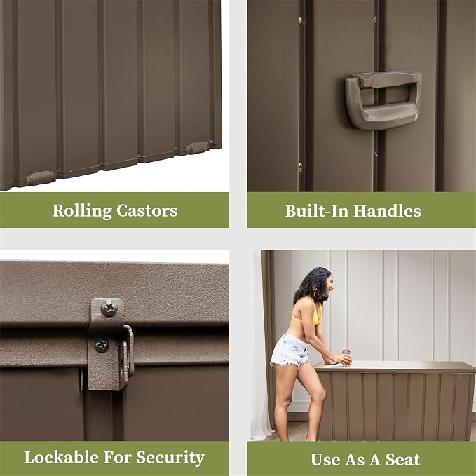 200 Gallon Outdoor Storage Deck Box with Lockable and Mobile Roller, Large Steel Container Bin with Waterproof and UV Resistant for Patio, Garden, Dark Brown