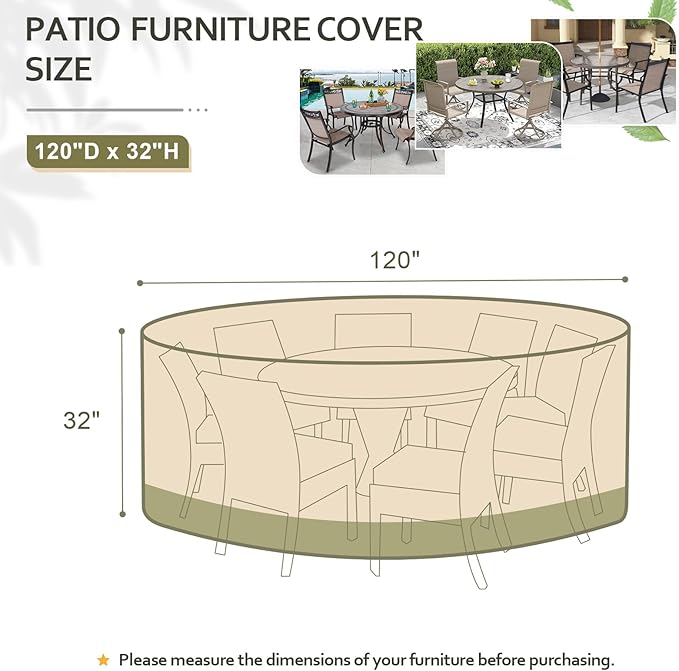 COWVIE Round Patio Dining Set Cover for Outdoor Table and Chairs, 600D Waterproof and UV-Resistant Fabric Patio Furniture Cover with Storage and Air Vent, 120''Dia x 32''H