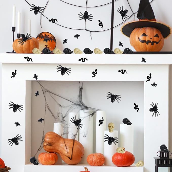 Hiawbon 200 pcs Mini Plastic Skull Heads Bats Realistic Spider | Halloween Miniatures Fake Halloween Figurines for Fairy Garden Home Decorations