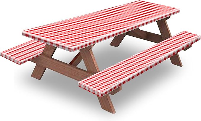 KENOBEE 8ft Picnic Table and Bench Cover, Camping Essentials RV Gear, 96 in Waterproof Windproof Outdoor Elastic All Around Tablecloth, Fitted Rectangle Tables and Seats, Red-White Checkered