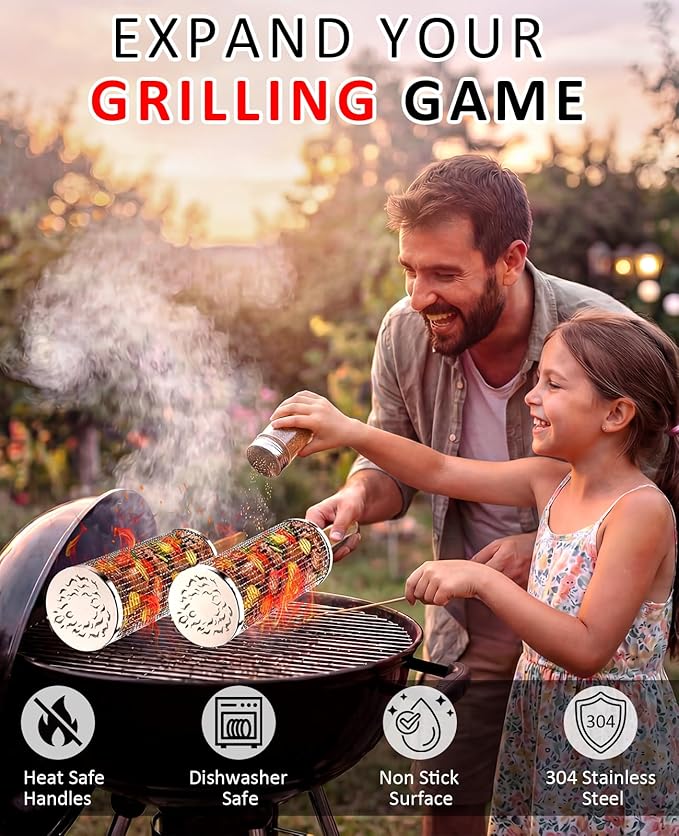 Rolling Grill Basket, Fathers Day Gifts for Dad Husband, Removable Wooden Handle, 304 Stainless Steel, Nesting BBQ Tools for Vegetable, Outdoor Smoker Camping Accessories, Grill Gift for Men Birthday