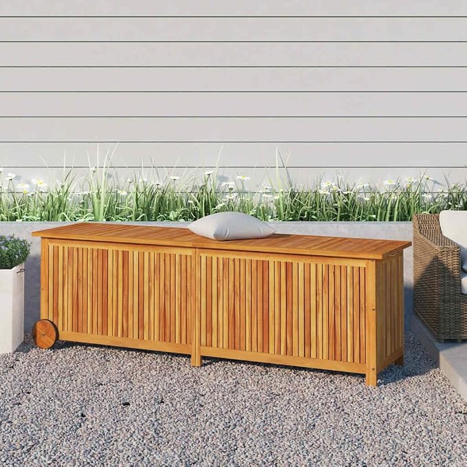 Solid Acacia Wood Patio Storage Box with Wheels 59.1x19.7x22.8 Inches, Outdoor Cushion Storage Box for Garden Furniture, Toys, and Tools, Waterproof Inner Bag with Zipper