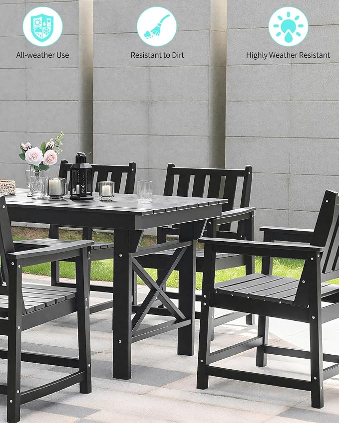 7-Piece Patio Dining Table Sets, Outdoor HDPE Dining Furniture Set with Umbrella Hole Table and 6 Chairs for Poolside, Porch, Yard and Garden, Black
