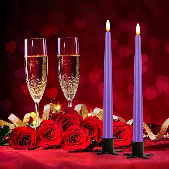CVHOMEDECO. Flameless Taper Candles with 10-Key Remote, Battery Operated Led Flickering 3D Wick Window Candles Real Wax Finished Home Christmas Party Decor 0.78 x 11 Inch, Pack of 2, Purple