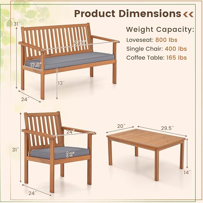 Tangkula 4 Piece Patio Wood Furniture Set, Acacia Wood Sofa Set w/Loveseat, 2 Chairs & Coffee Table, Soft Seat Cushions, Outdoor Wood Furniture Set for Porch, Yard, Balcony (Gray)