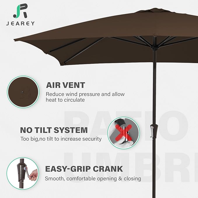 JEAREY 8x10 ft Rectangular Patio Umbrellas Outdoor Table Market Umbrella w/Crank, 8 Sturdy Ribs, UV Protection Windproof Sunproof for Garden, Deck, Backyard, Pool(Brown)