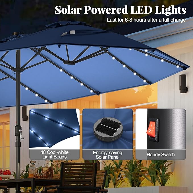 Tangkula 15FT Double-Sided Solar Patio Umbrella, Extra-Large Outdoor Twin Umbrella with 48 LED Lights, Vented Top, Crank Handle, 12 Ribs, Weighted Base Included for Backyard Poolside Deck (Navy)