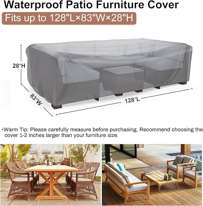 Mrrihand Heavy Duty Patio Furniture Covers, Outdoor Furniture Covers Waterproof Sectional Sofa Set , Patio Table and Chair Set Cover 128"L×83"W×28"H,Grey