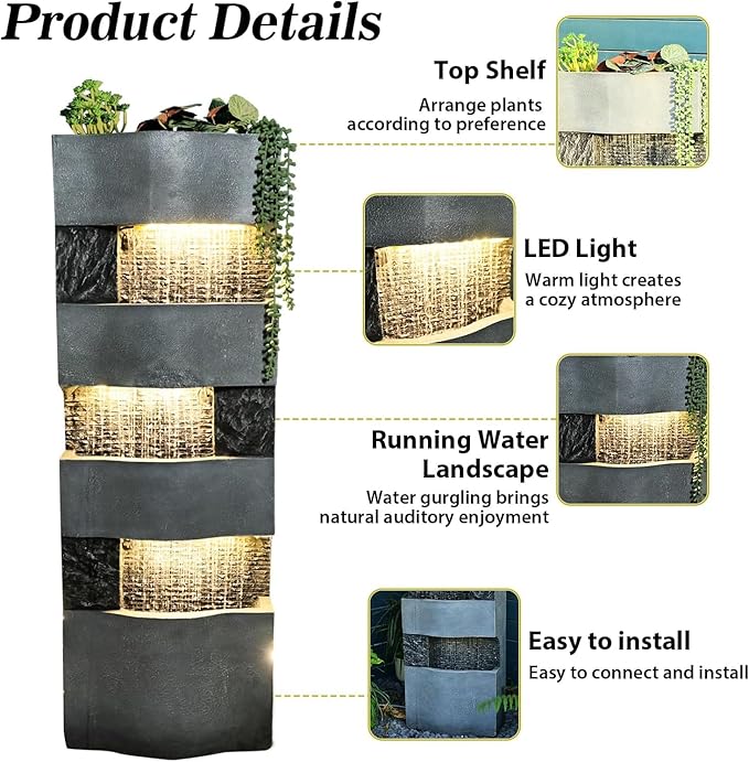 Bumilgar 40.5" H Garder Outdoor Water Fountain with Lights and Pump, Tall 4-Tier Modern Outdoor Freestanding Cascading Waterfall Fountain for Garden, Porch, Yard, Landscape, Indoor Décor, Grey