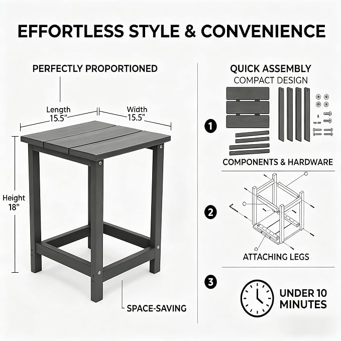 AMILY HDPE Outdoor Square Side Table, All Weather Patio End Table for Adirondack Chair, Heavy Duty Garden Poolside Balcony Table, Easy Assembly (Grey)