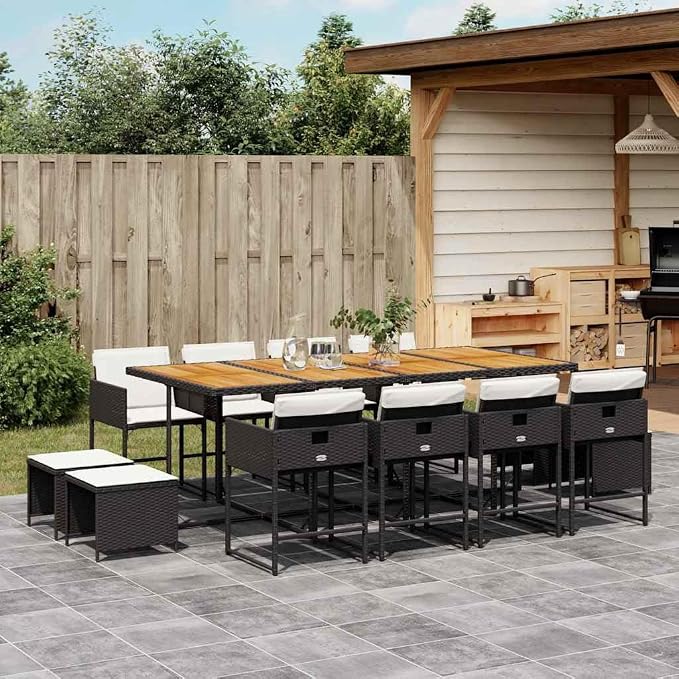 Garden Dining Set for 12, Large Rectangular Outdoor Patio Furniture with Solid Acacia Wood Table, Black Poly Rattan Woven Chairs and Cushions for Terrace or Backyard Dining