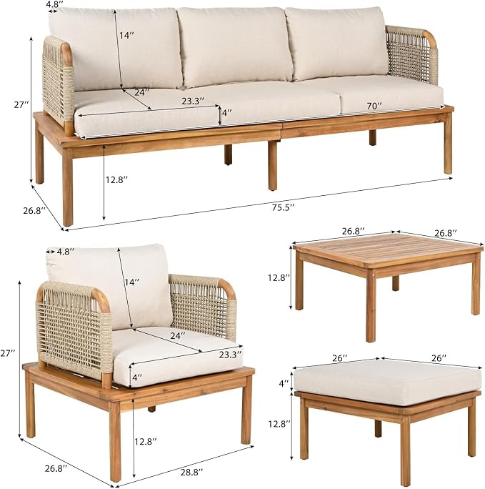 5-Piece Patio Furniture Set, Outdoor Conversation Set with Acacia Wood, Coffee Table and Ottoman, All-Weather Cushions for Backyard, Garden and Poolside(C-Beige)