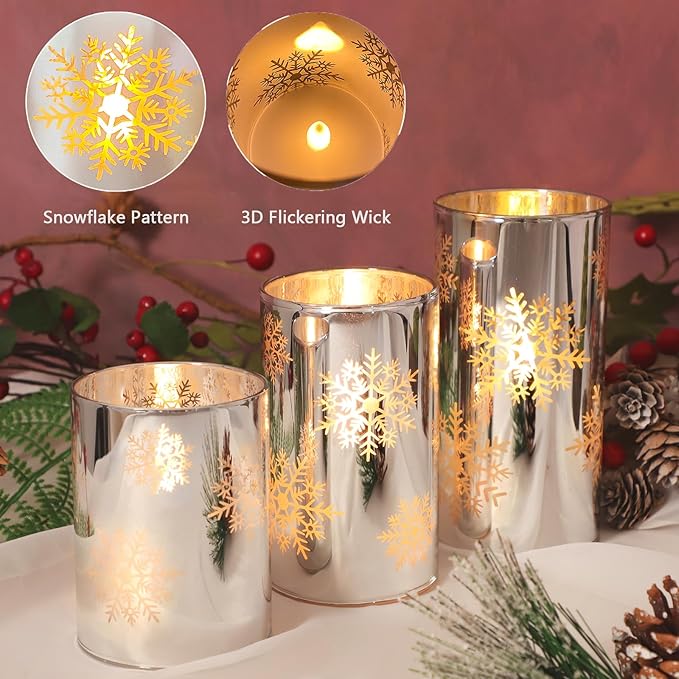Snowflake LED Flameless Candles with Remote and Timer, Electroplate Glass Candles Operated by Battery, Christmas LED Flickering Candles Decoration for Bedroom, Party, Wedding