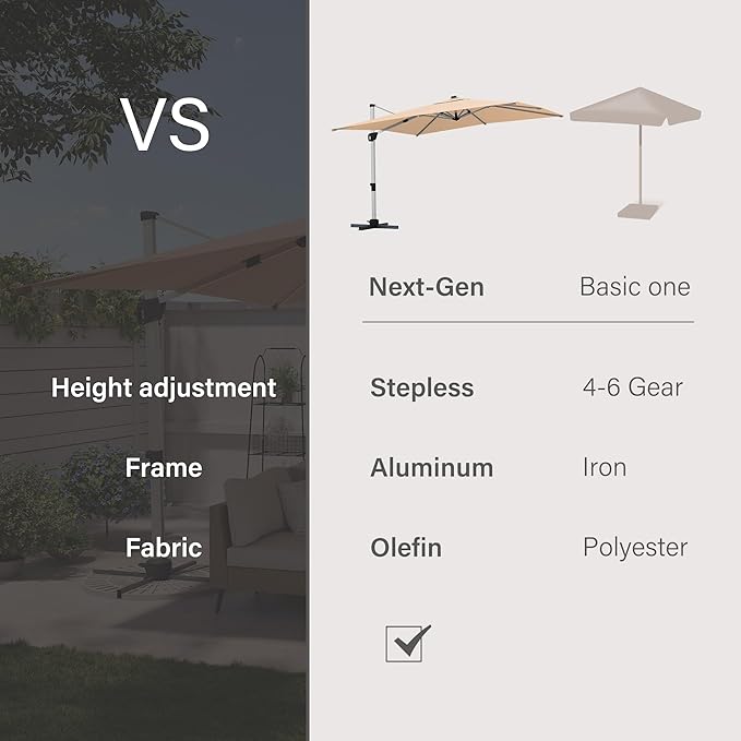 LAUSAINT HOME 10FT Square Cantilever Patio Umbrella with Solar Lights, Windproof Heavy Duty Offset Outdoor Umbrella for Backyard, Pool, Garden & Deck,Khaki