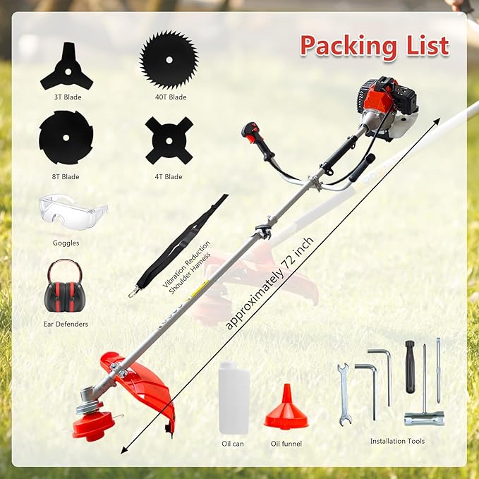 36cc 2-Cycle Gas Powered Brush Cutter, 5-in-1 Multifunctional Grass Trimmer Weed Wacker with 5 Cutting Heads for Lawn Garden Weeding Pruning Shrubs