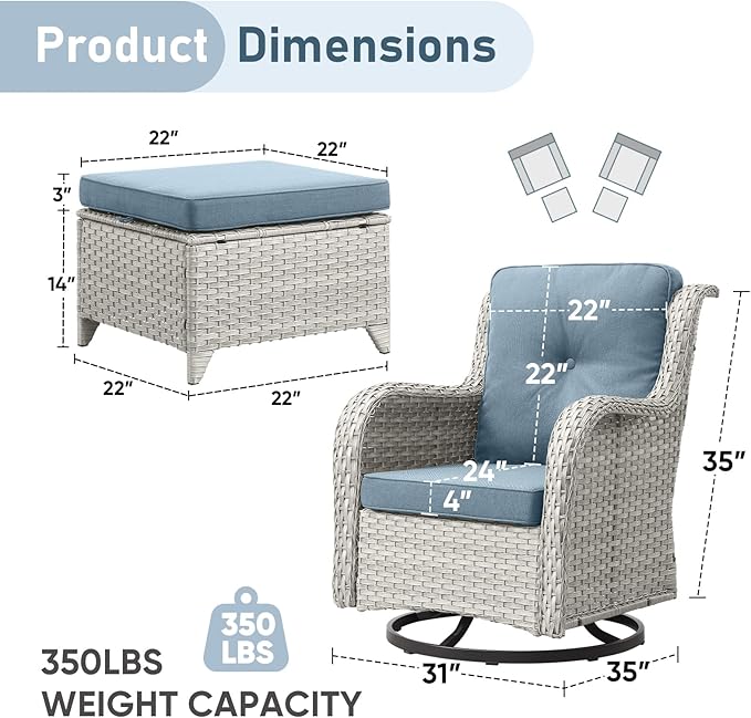 Outdoor Swivel Chairs-Patio Swivel Glider Chairs with Ottomans Outdoor Conversation Set for Deck Balcony Poolside Backyard-Light Grey/Light Blue