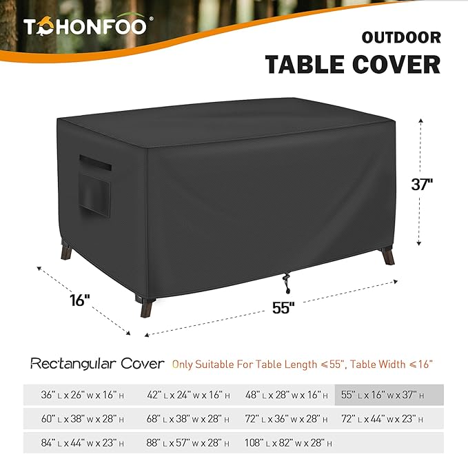 Rectangular Patio Table Cover, Outdoor Table Covers Waterproof, UV Resistant Outdoor Lawn Patio Furniture Covers, 55" L x 16" W x 37" H