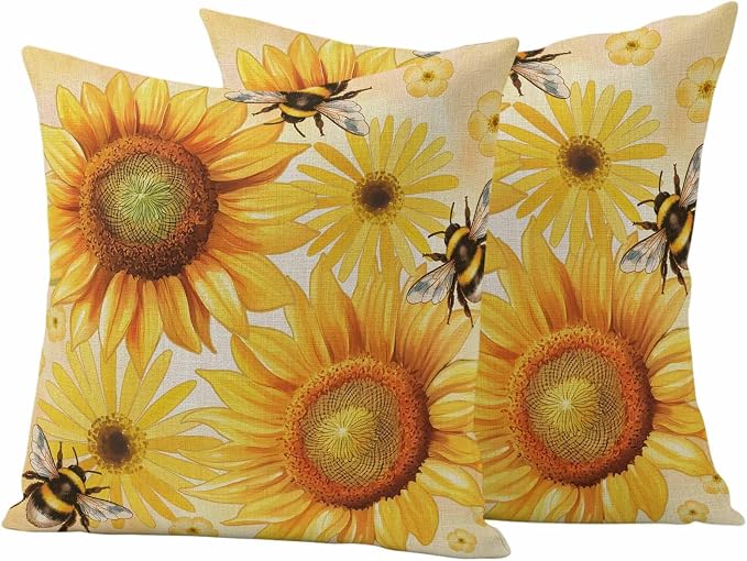 Outdoor Throw Pillow Covers,Farmhouse Sunflower Bee on Linen Waterproof Decorative Pillowcases Cushion Cover Retro Pastoral Yellow Flower Pillow Cases for Patio Couch Sofa Bed,20x20in Set of 2