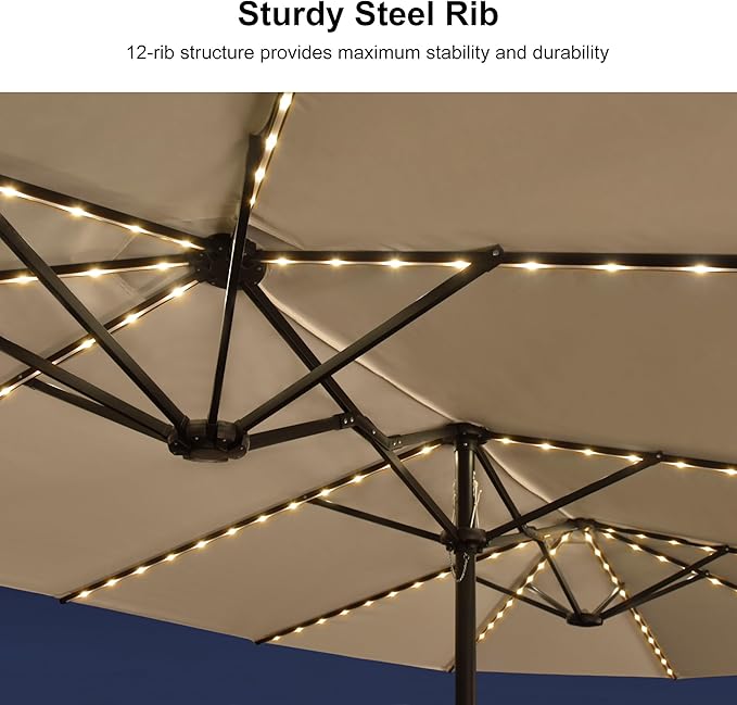 PURPLE LEAF 15ft Patio Market Umbrella with Solar LED and Base Double-Sided Rectangle Outdoor Table Sun Umbrellas with Crank for Pool Beach Deck Backyard Khaki
