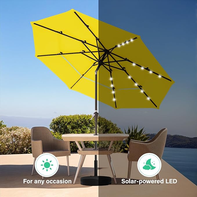 JEAREY 3 Tiers Patio Umbrella with Solar Lights 9ft Outdoor Market Table Umbrellas with Push Button Tilt for Outside Pool Garden, Yellow