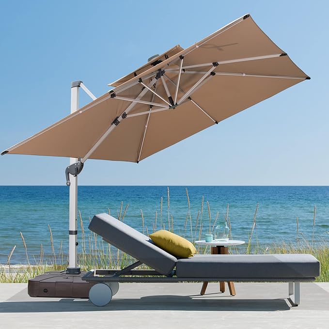 Cantilever Patio Umbrella with Cross Base and Cover Included - 360° Rotation Large Heavy Duty Offset Outdoor Umbrella with Easy Tilt for Pool Backyard Deck Garden (11x11 FT Khaki)