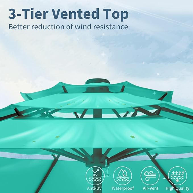 9FT 3 Tiers Patio Umbrella With Auto Tilt And Crank, Outdoor Table Market Umbrella with 8 Sturdy Ribs for Garden, Lawn, Deck, Backyard and Pool