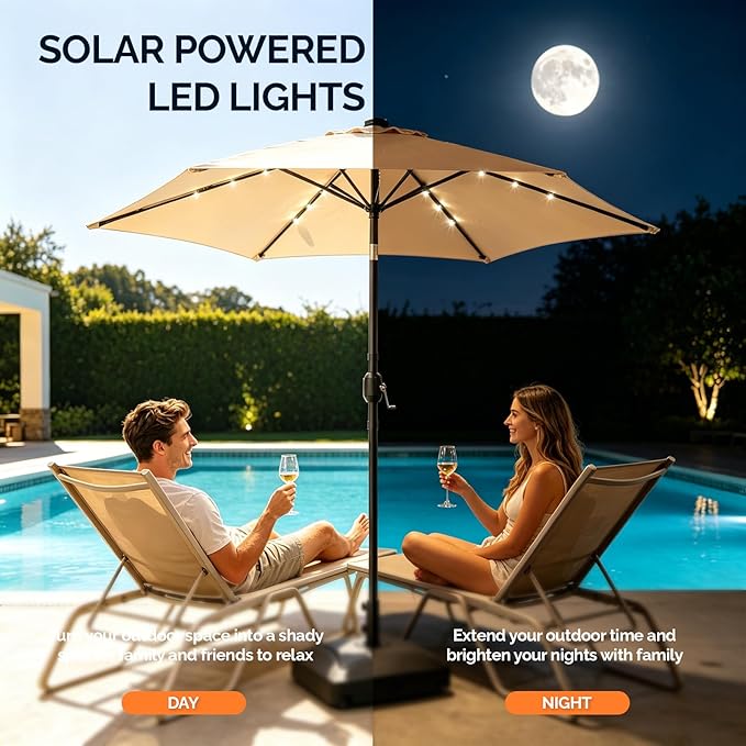 VINGLI 9FT Patio Umbrella with Solar Lights, Outdoor Umbrella with Push Button Tilt and Crank, Umbrella Outdoor Patio for Patio, Deck, Backyard, Pool