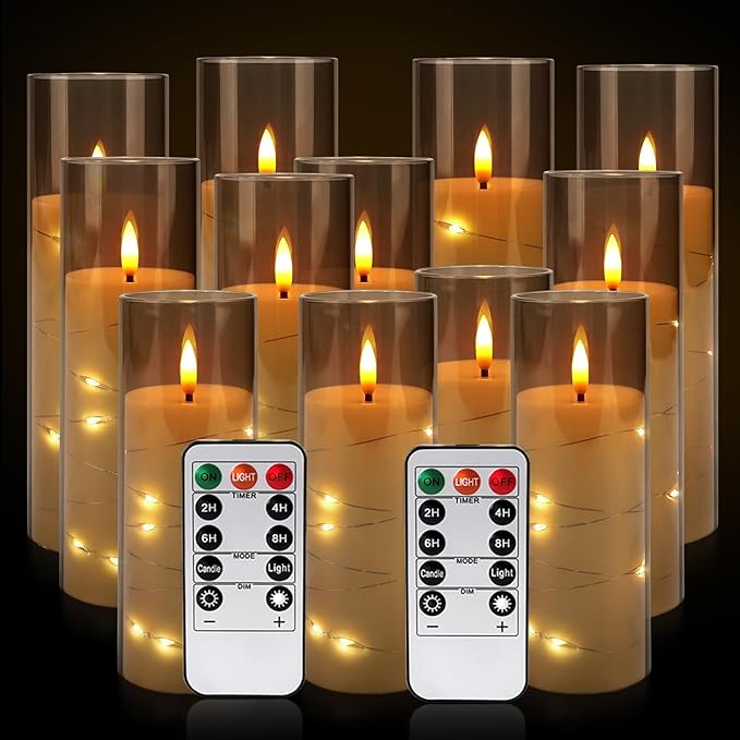 12-Pack Gray Acrylic Flameless LED Candles with Embedded String Lights - Remote Control for Holiday & Home Decor,Wedding.