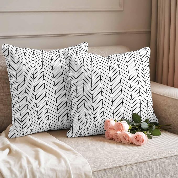 Outdoor Waterproof Throw Pillow Covers Set of 2 Black White Chevron Stripes Pillowcases 24x24 Inches Modern Geometric Texture Decorative Pillows Cushion Case Patio Pillows for Couch Bed Chair Garden