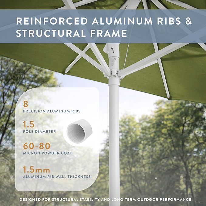 California Umbrella 10-Year Protection 9 Ft Outdoor Patio Umbrella, Pacifica Fade-Resistant Fabric, Auto-Tilt, Heavy Duty Aluminum Frame, 8 Reinforced Ribs for Pool or Deck, White Pole, Palm