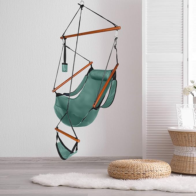 Hammock Hanging Sky Chair with Footrest, Folding Camping Air Deluxe Swing Seat with Rope, Heavy Duty Foldable Rocker with Cup Holder for Outdoor Beach Patio Sport Lawn (Green)