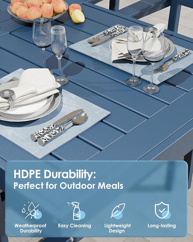 WACASA 12-Piece HDPE Outdoor Dining Set for 10, Weatherproof Poly Lumber Patio Set, Steel-Reinforced Dining Table and Chairs with Umbrella Hole, Blue
