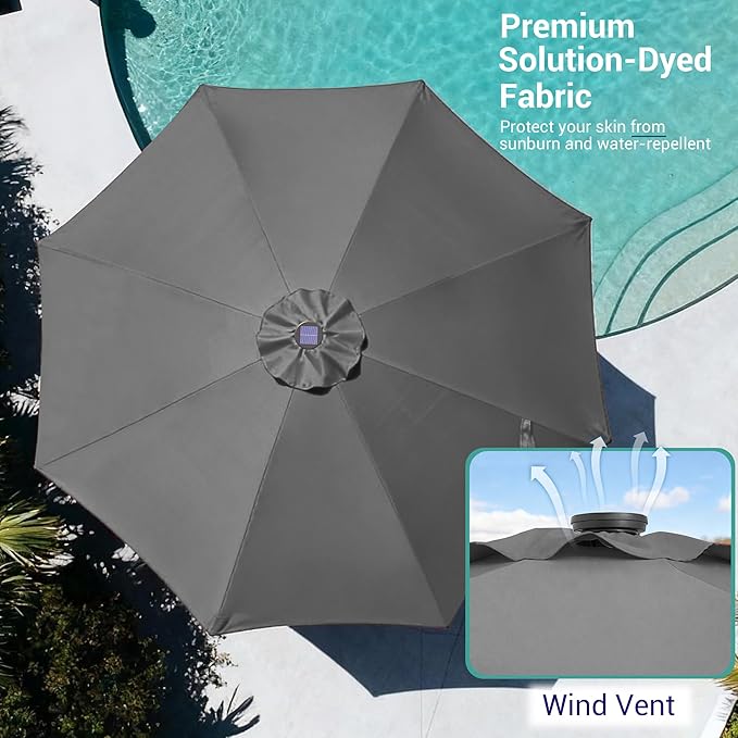 9ft Patio Umbrella Outdoor with Solar Lights,32 LED Lighted Table Market Umbrella with Tilt and Crank, 2-Year-Non-Fading, 8 Sturdy Ribs,for Pool, Deck, Garden,Backyard