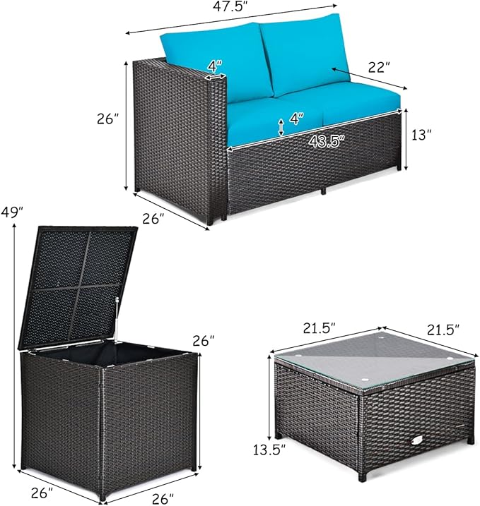 Tangkula 4 Piece Wicker Patio Set with Storage, All Weather-Proof Outdoor Conversation Set with Loveseat, Glass Top Coffee Table & Storage Box, Suitable for Garden, Poolside, Sunroom (1, Turquoise)