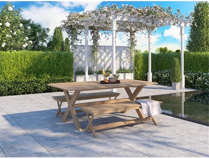Pemberly Row 78.75-Inch Rectangular Outdoor Teak Dining Table, Natural Finish, Premium Teak Wood, Rustic Slatted Top, Weather-Resistant Patio Furniture for Backyard or Garden Dining Use