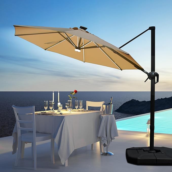 Domi 10FT Cantilever Patio Umbrella Solar Powered LED Round Deluxe Offset Umbrella, Aluminum Hanging Umbrella with 360°Rotation, Outdoor Market Umbrella for Outside Deck Backyard Garden Pool, Beige