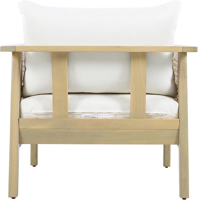 Merax Outdoor Acacia Wood Chair Set of 2 PE Wicker Club Chair Dining Chair with Waterproof Detachable Cushion, Light Teak Finish & Cream Cushion