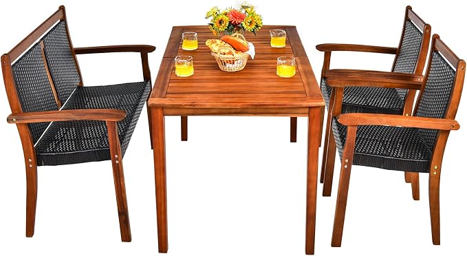 Tangkula 4 Pieces Patio Dining Set, Patiojoy Outdoor PE Rattan & Acacia Wood Dining Table Set with Umbrella Hole, Patio Armchairs and Rectangle Table Set for Garden, Backyard and Poolside