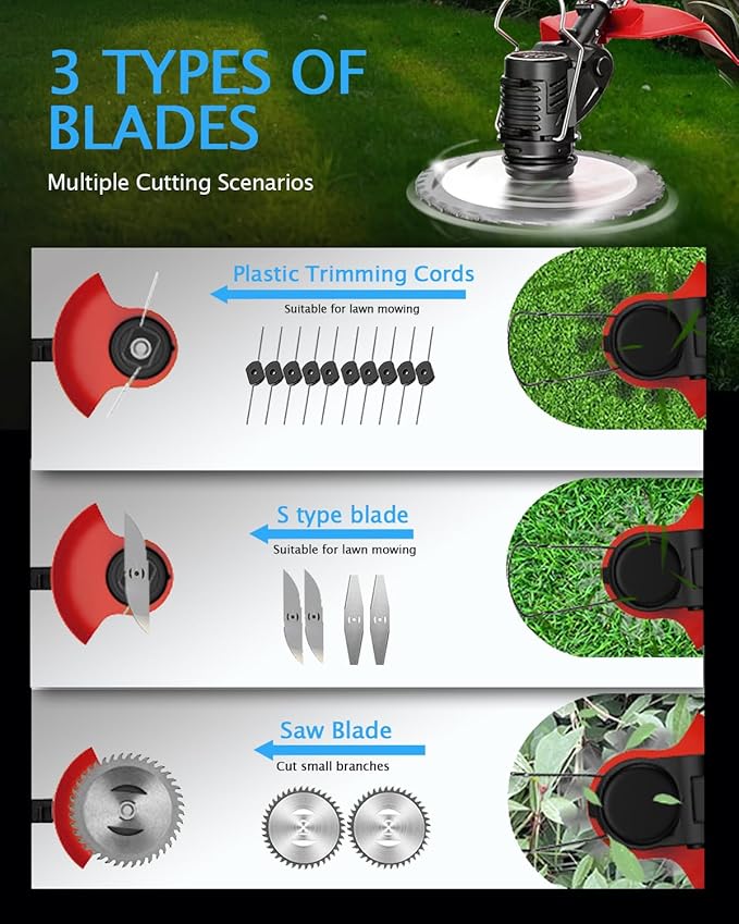 Electric Weed Wacker Cordless, 21V Electric Weed Cordless Eater Battery Powered with 2Pcs 4.0Ah Batteries, 3 in 1 Stringless Grass Trimmer/Edger/Brush Cutter for Lawn Yard Garden