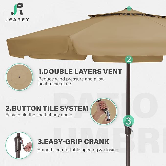 JEAREY 9' 2-Tiers Patio Umbrellas Outdoor Market Table Umbrella w/Push Button Tilt/Crank, 8 Sturdy Ribs, UV Protection Waterproof Sunproof(Sand)