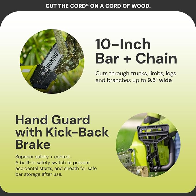 Sun Joe Cordless Chain Saw Machine, Battery and Charger, Wood Cutting Tool Kit, 10 Inch, 600W Motor - Heavy-Duty Trimming Equipment for Tree Trunks, Limbs, Logs, Brush, and Branches, 24V-10CS