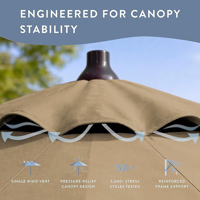California Umbrella 8-Year Protection 9 Ft Outdoor Patio Umbrella, Solstice Fade-Resistant Fabric, Auto-Tilt, Heavy Duty Aluminum Frame, 8 Reinforced Ribs for Pool or Deck, Bronze Pole, Champagne