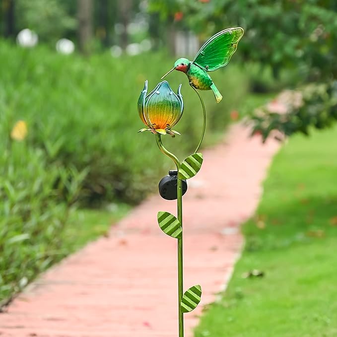 TERESA'S COLLECTIONS Glass Flower Bird Pathway Solar Outdoor Light for Garden Decor, 39'' Tulip and Hummingbird Metal Decorative Stakes Yard Art for Lawn Patio Porch Decorations, Gifts for Mom