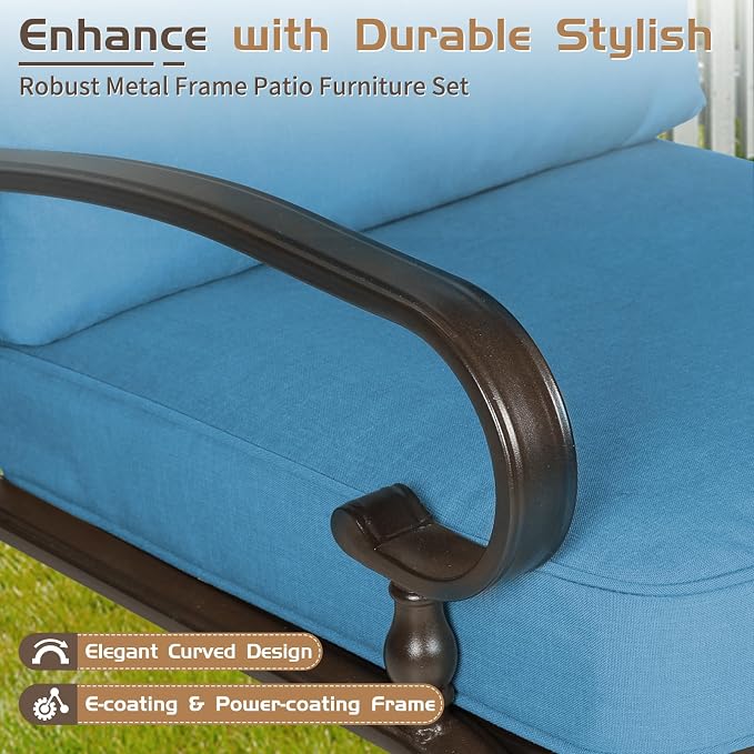 Oakcloud 5Pcs Metal Outdoor Furniture Patio Conversation Set (Loveseat, Coffee Table and Bistro Table, 2 Spring Chair) -Wrought Iron Patio Chair Set with Cushions (Blue)